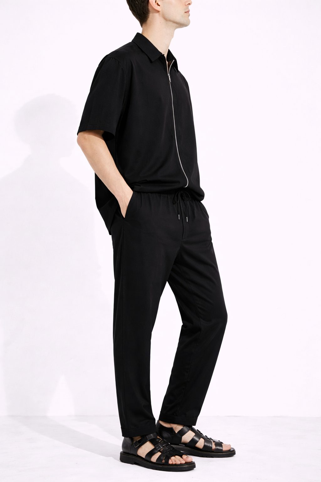 Compleu Bărbați Casual Tricou cu Fermoar și Pantaloni Lungi, Set Două Piese Negru