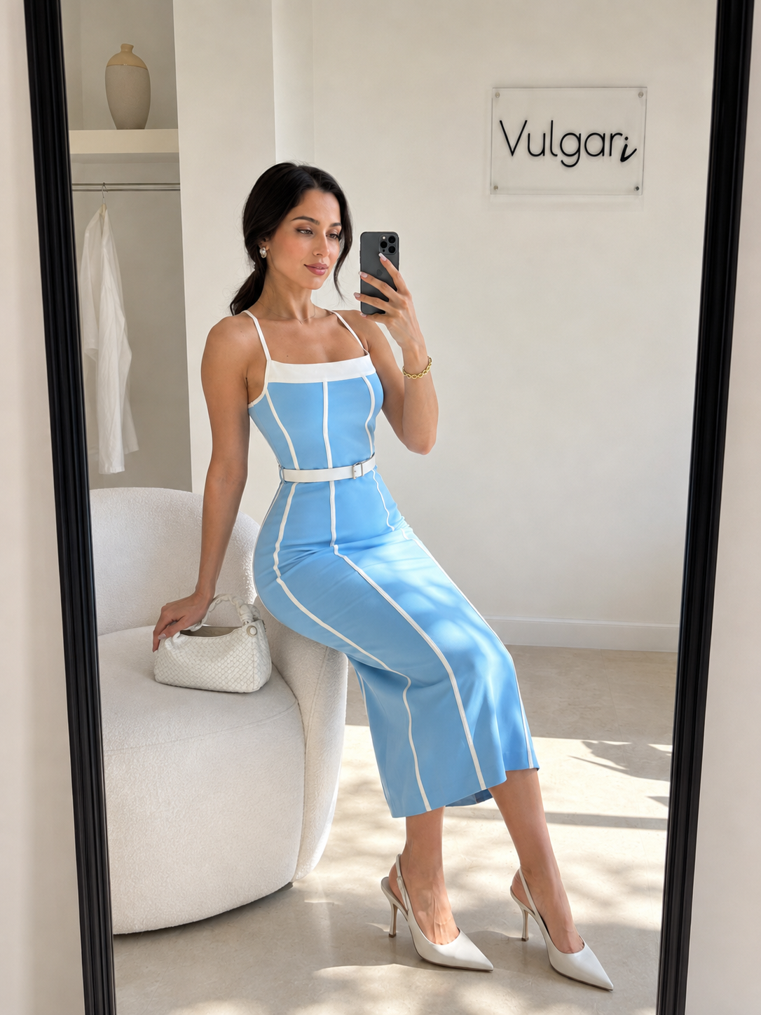 Rochie midi damă elegantă alb-albastru cu curea în talie