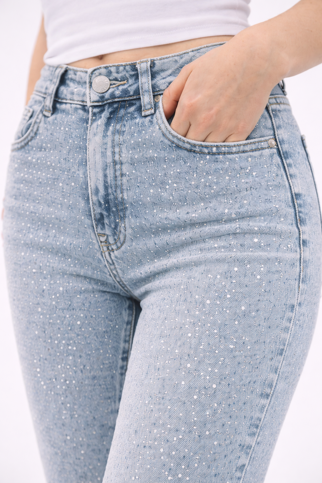 Blugi Damă Bootcut cu Pietricele Strălucitoare Albastru Deschis