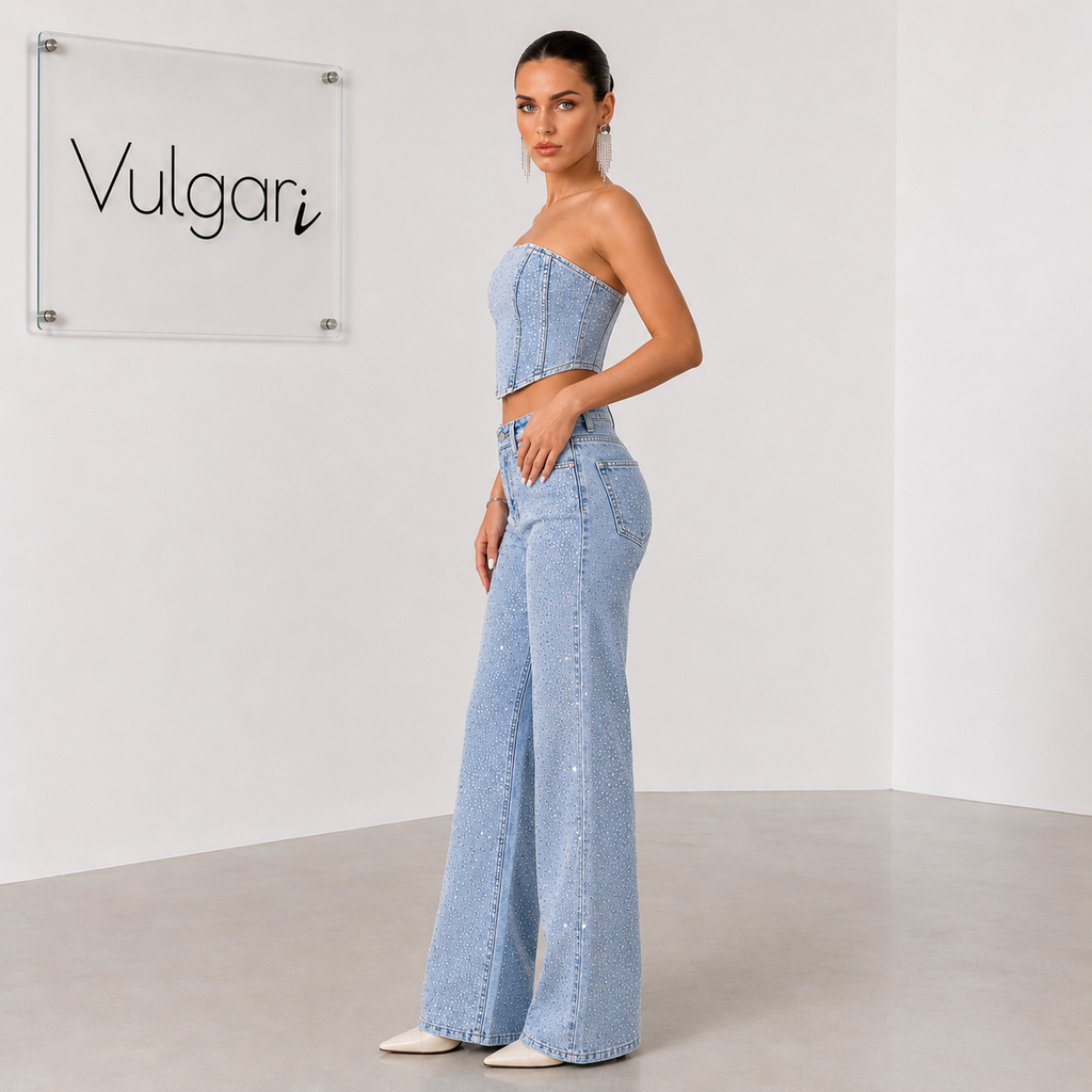 Compleu Damă Denim cu Pietre Diamond, Top Corset și Blugi Wide Leg, Albastru Deschis