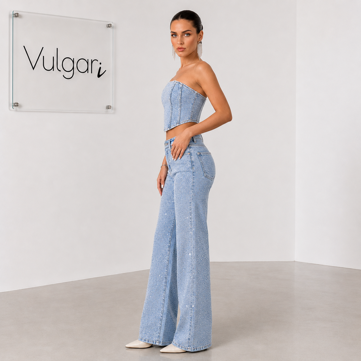 Compleu Damă Denim cu Pietre Diamond, Top Corset și Blugi Wide Leg, Albastru Deschis