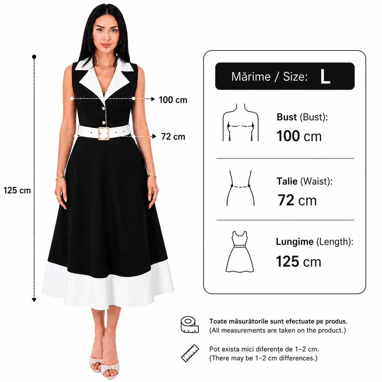 Rochie dama eleganta midi cu curea inclusa, fara maneci, croi clos, albastru deschis cu alb, office, casual, de ocazie