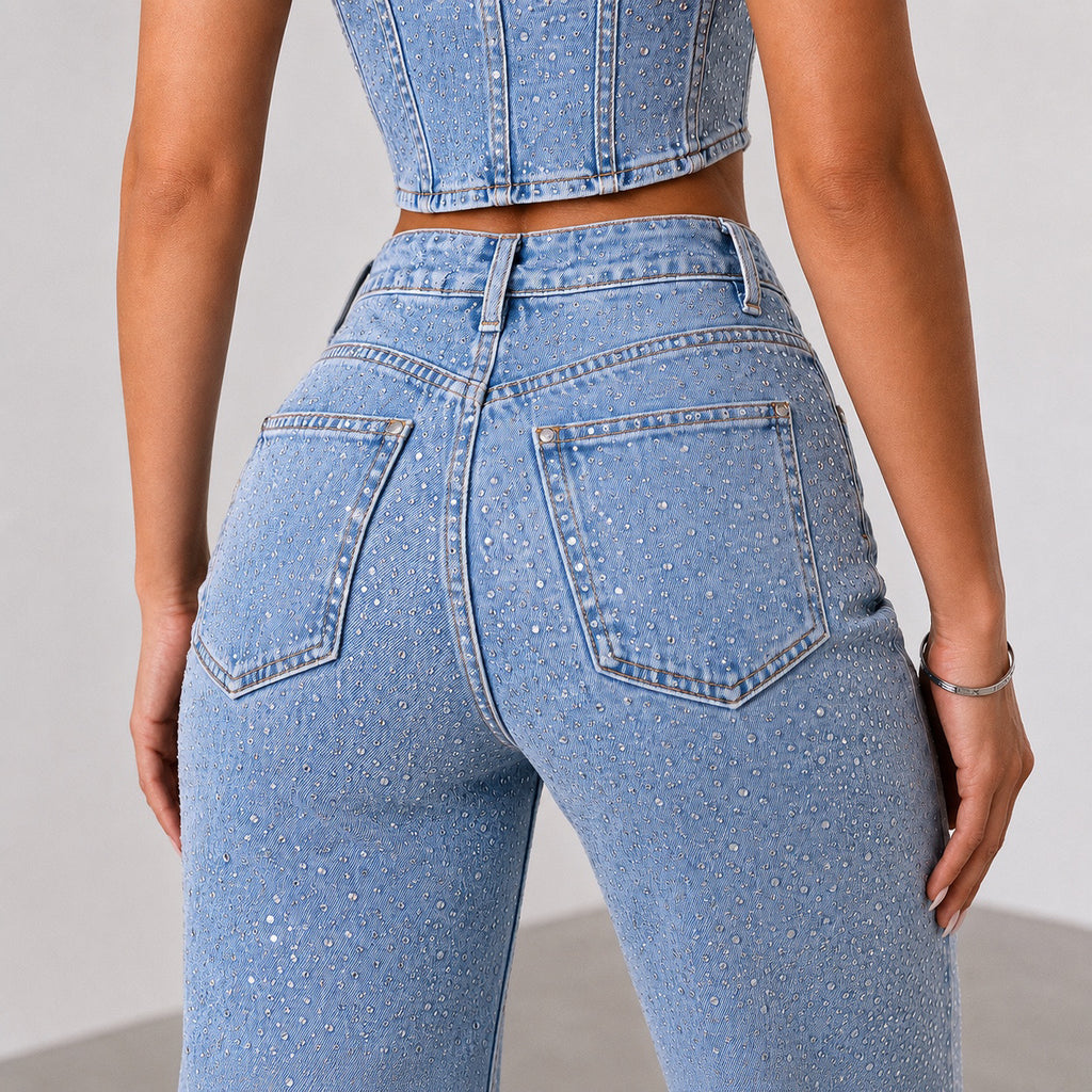 Compleu Damă Denim cu Pietre Diamond, Top Corset și Blugi Wide Leg, Albastru Deschis
