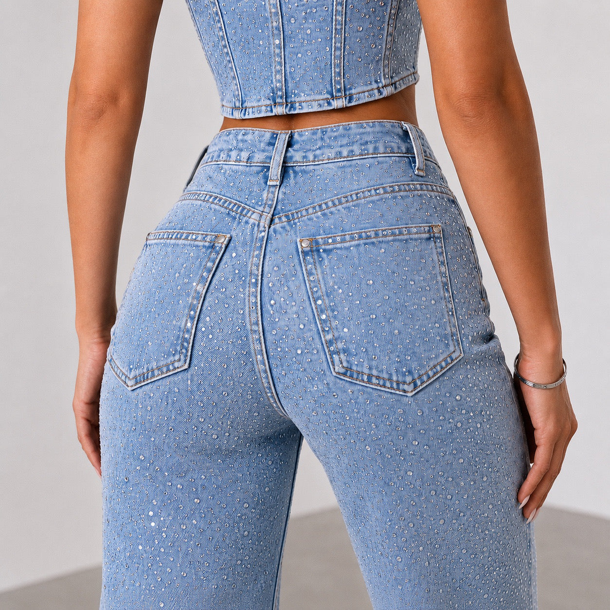 Compleu Damă Denim cu Pietre Diamond, Top Corset și Blugi Wide Leg, Albastru Deschis