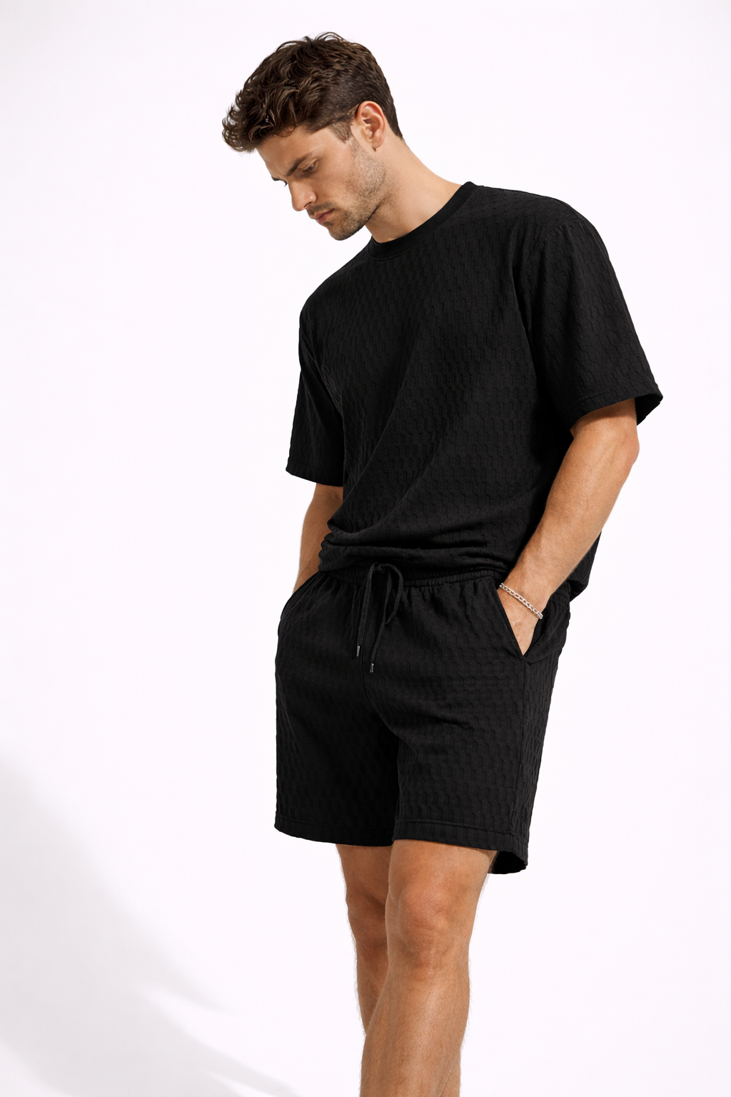 Compleu Bărbați Vară Tricou Oversize și Pantaloni Scurți Casual Două Piese Negru