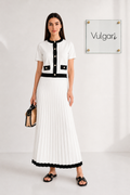 Compleu Damă Elegant Alb-Negru, Bluză cu Nasturi Perla și Fustă Maxi Plisată, Set 2 Piese