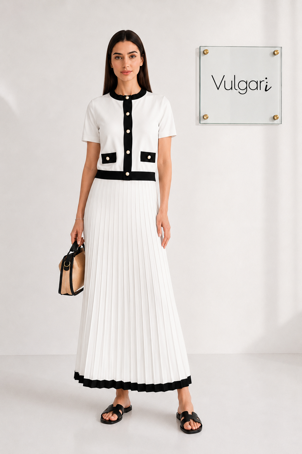 Compleu Damă Elegant Alb-Negru, Bluză cu Nasturi Perla și Fustă Maxi Plisată, Set 2 Piese