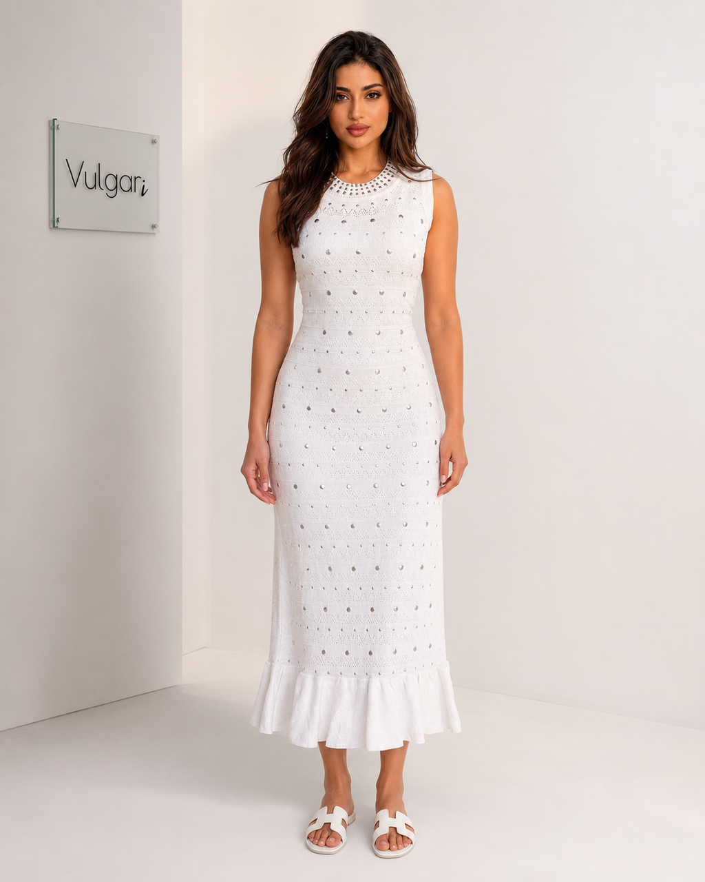 Rochie maxi albă premium cu aplicații decorative și jupă interioară