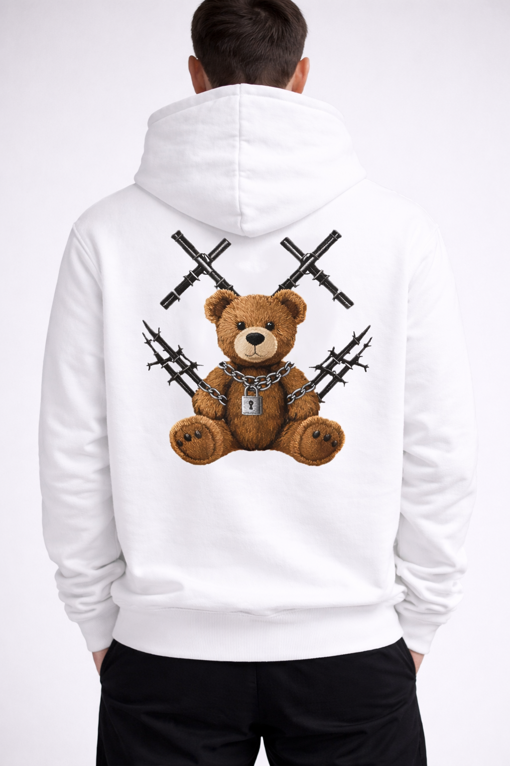 Hanorac Oversize Alb Bărbați – Bear Teddy Print Streetwear