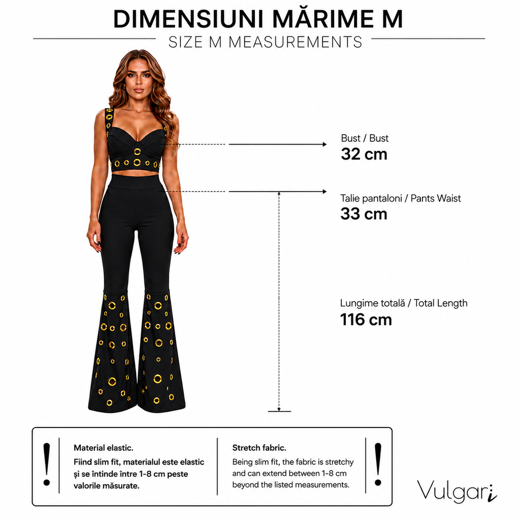 Compleu Damă Elegance Gold, Negru , Top și Pantaloni Evazați cu Detalii Aurii