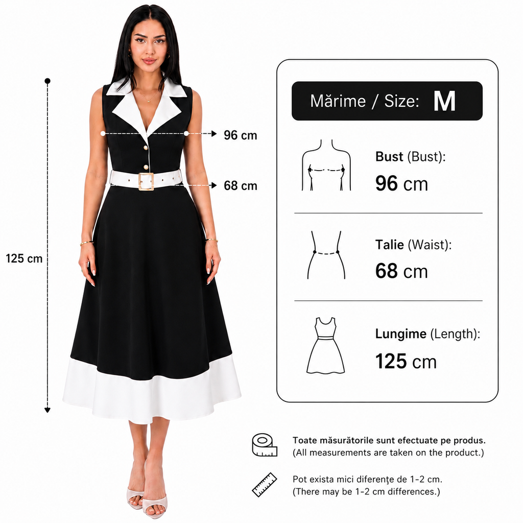 Rochie dama eleganta midi cu curea inclusa, fara maneci, croi clos, albastru deschis cu alb, office, casual, de ocazie