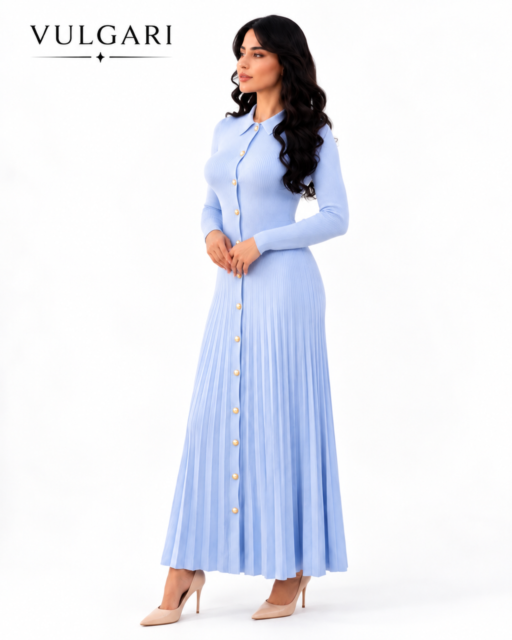 Rochie maxi bleu tricotată cu nasturi și guler