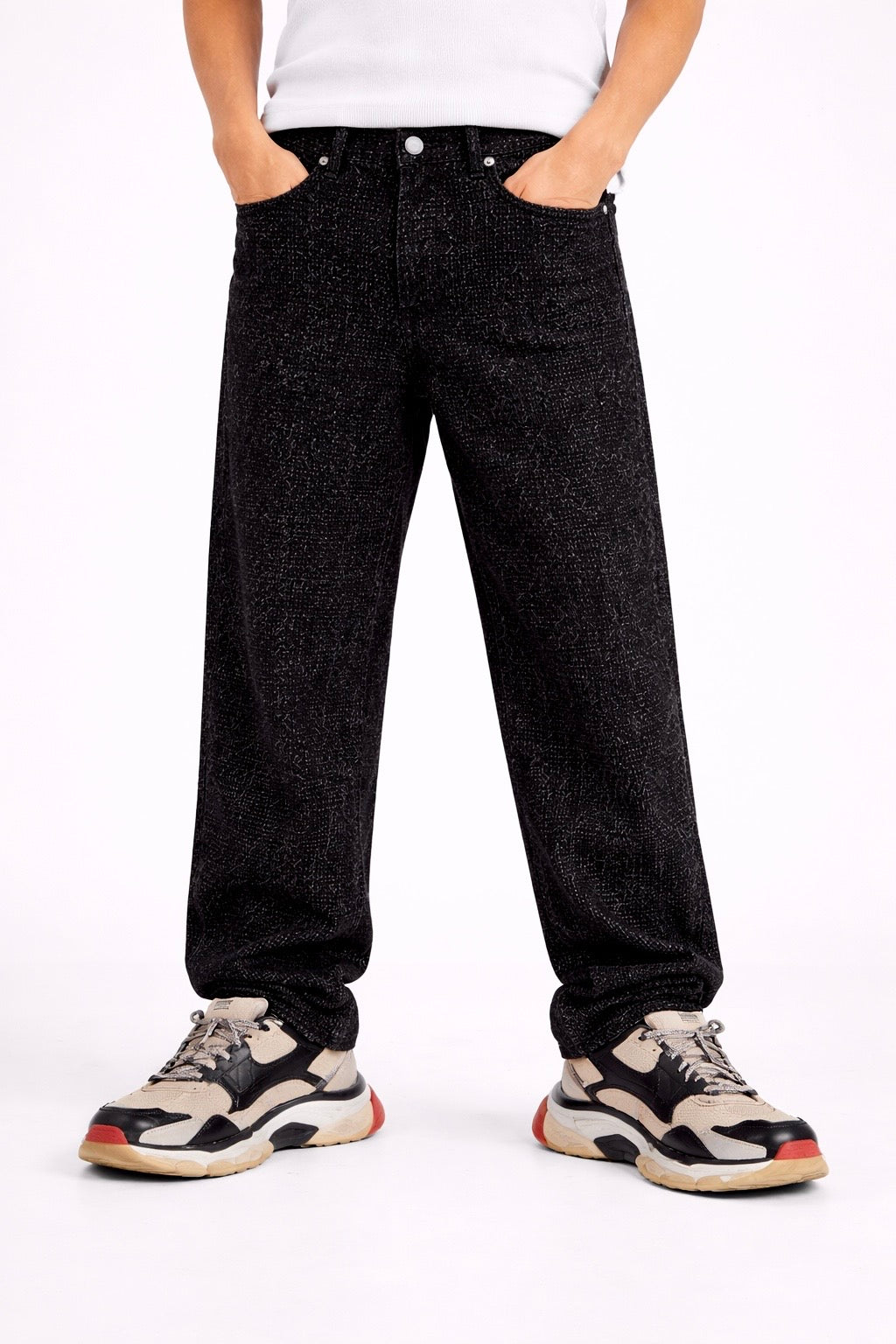 Blugi Bărbați Loose Fit Negri Texturați – Jeans Streetwear Modern
