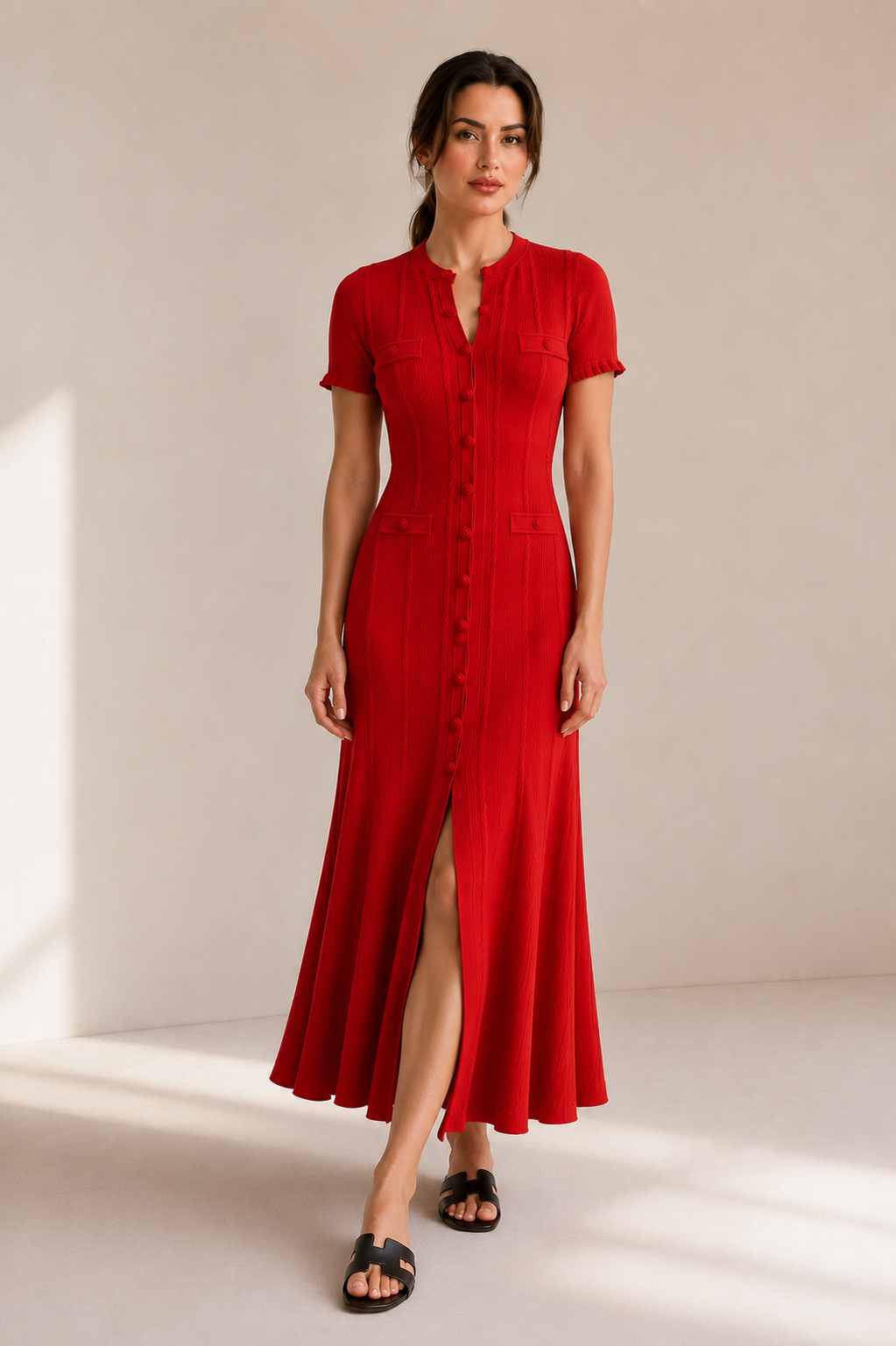 Rochie maxi roșie premium cu fustă amplă și design sofisticat
