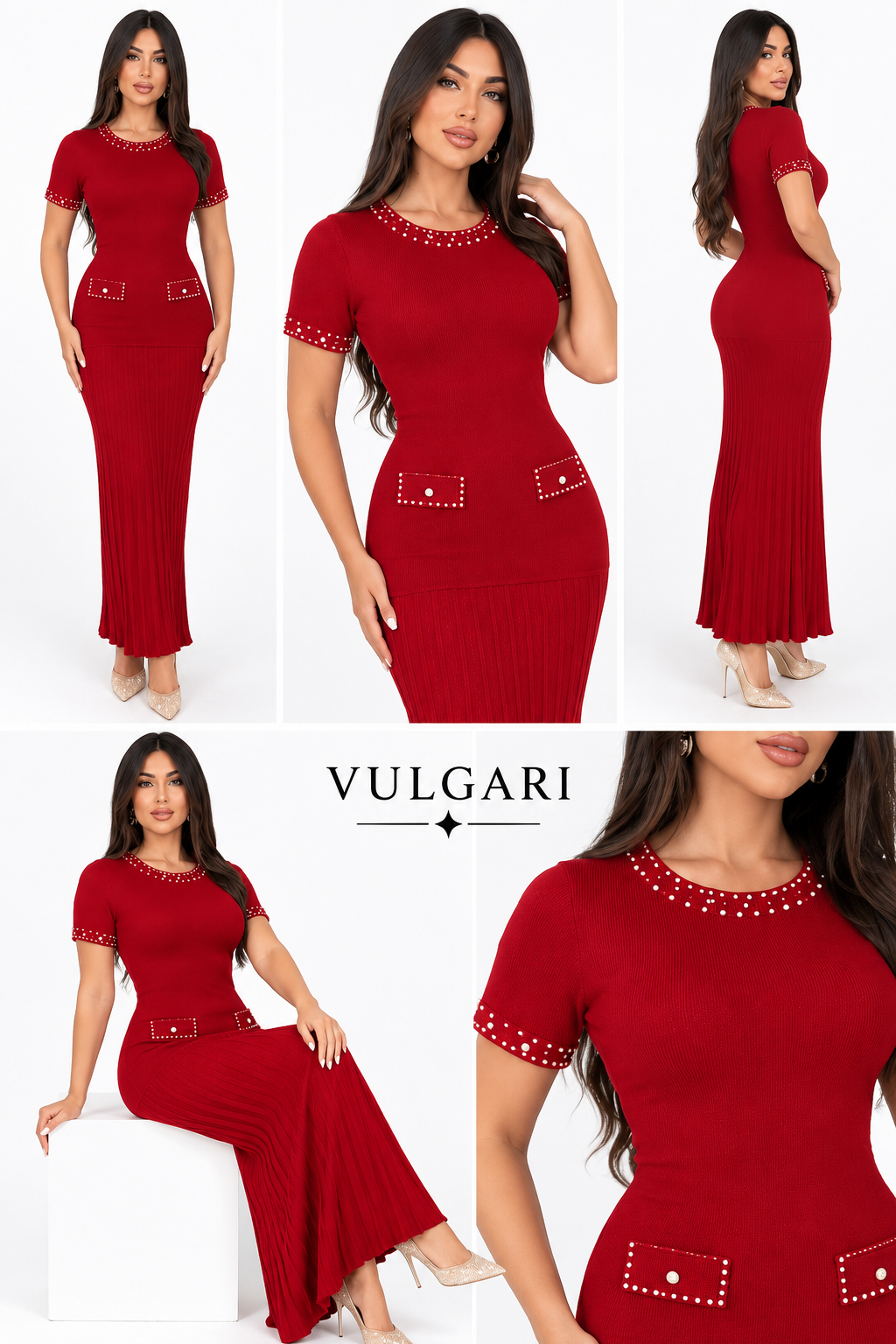 Rochie maxi roșie cu perle decorative
