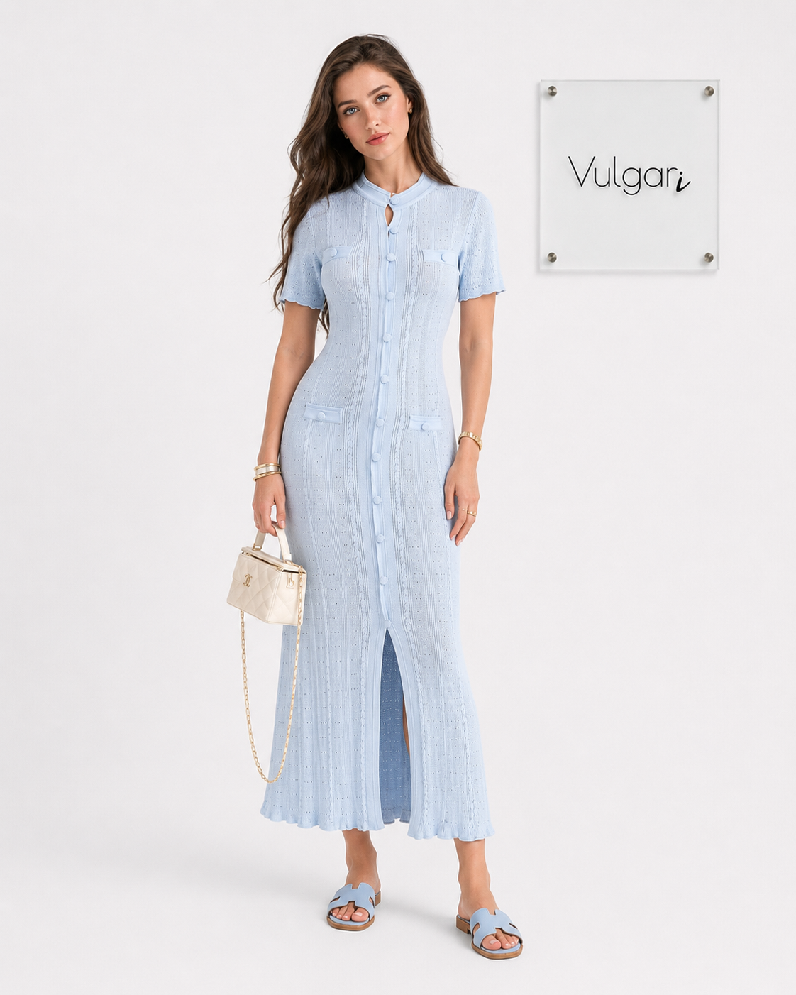 Rochie Lungă Damă Bleu Deschis, Tricot Subțire de Vară, Croială Mulată, Nasturi Decorativi