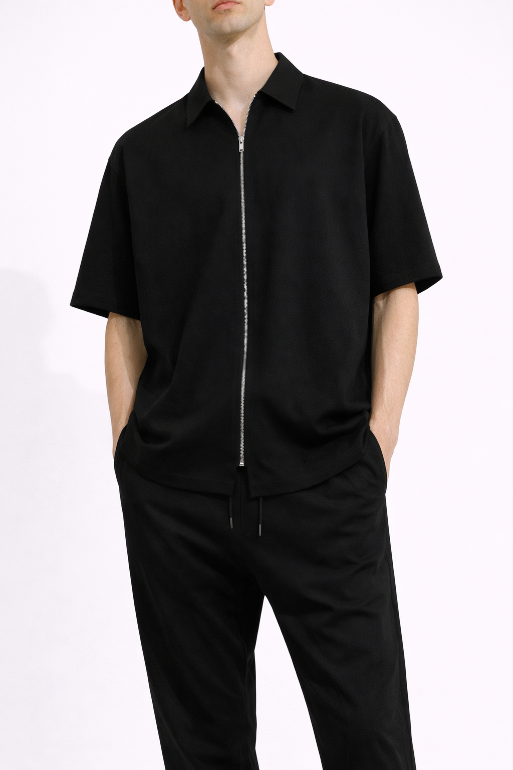 Compleu Bărbați Casual Tricou cu Fermoar și Pantaloni Lungi, Set Două Piese Negru