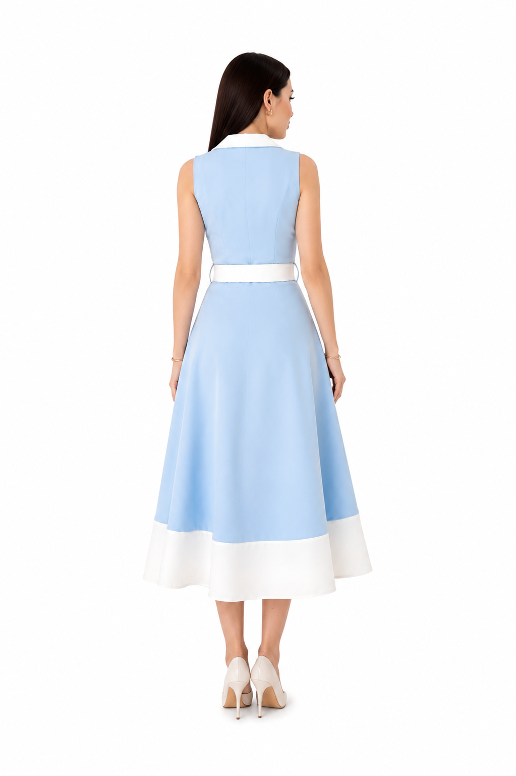Rochie dama eleganta midi cu curea inclusa, fara maneci, croi clos, albastru deschis cu alb, office, casual, de ocazie