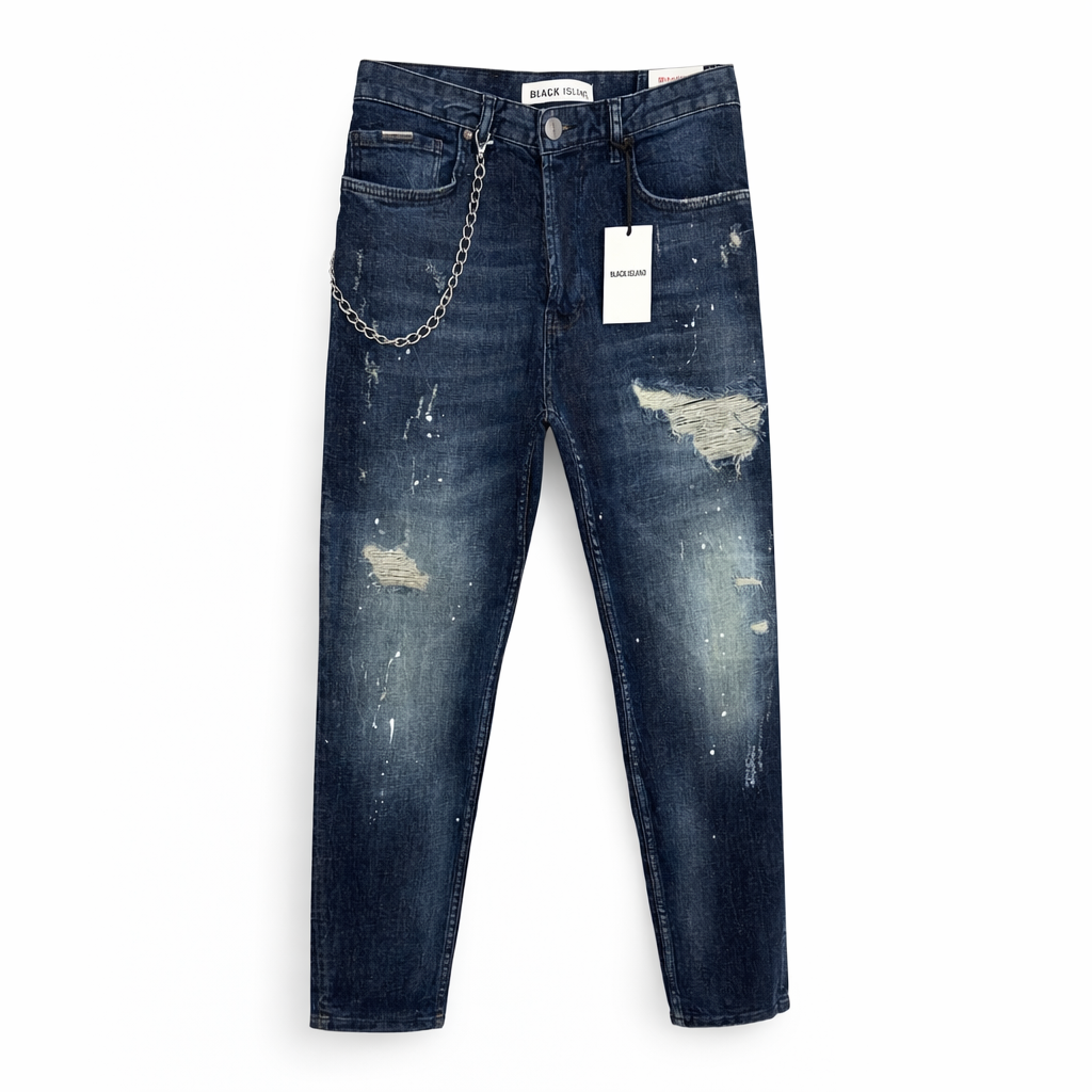 Blugi Bărbați Regular Fit Albastru Distressed cu Lanț – Jeans Streetwear Modern
