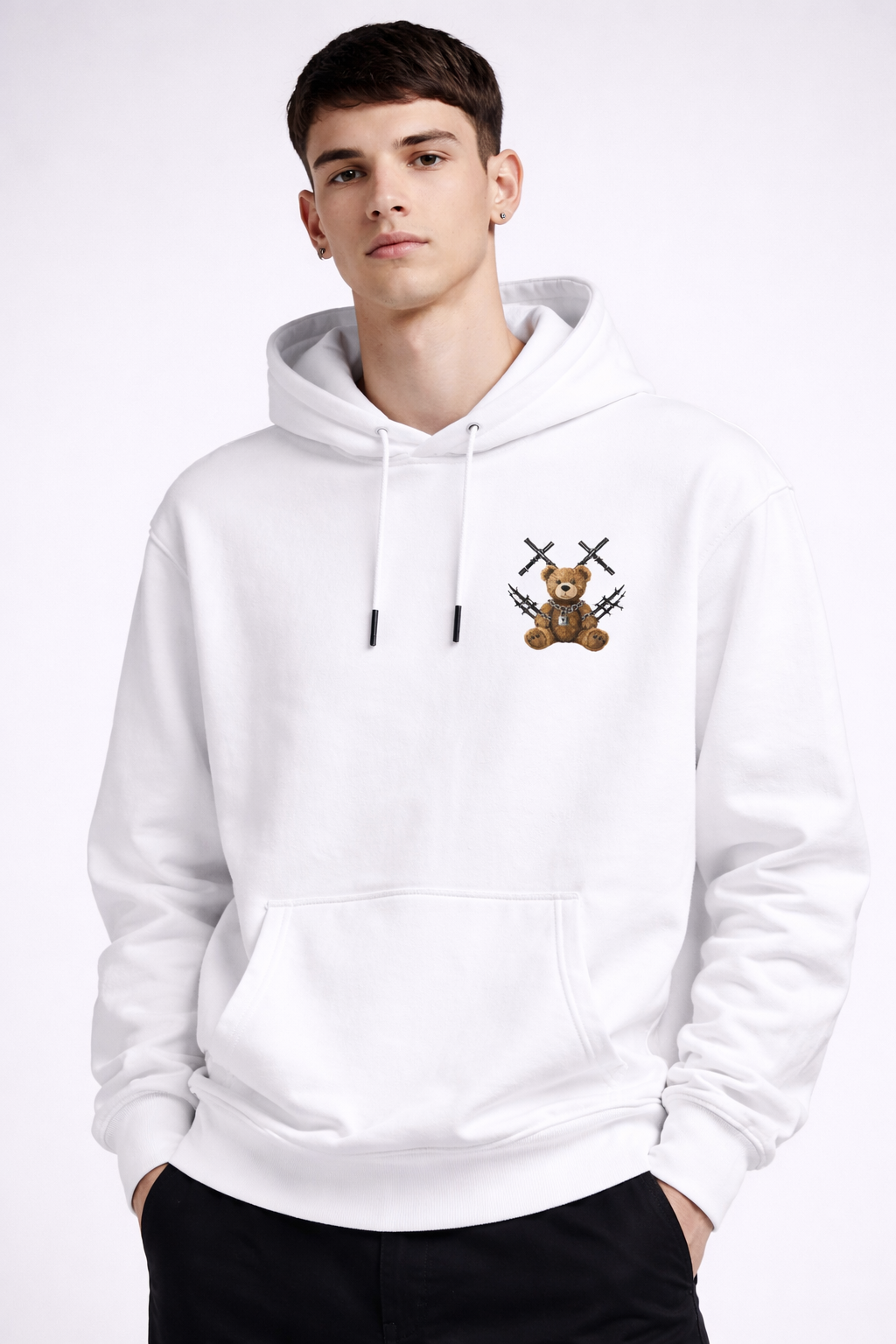 Hanorac Oversize Alb Bărbați – Bear Teddy Print Streetwear