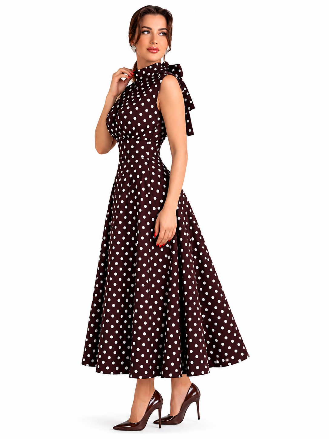 Rochie dama eleganta midi cu buline, fara maneci, croi clos, guler inalt, maro cu buline albe, casual, office, de ocazie