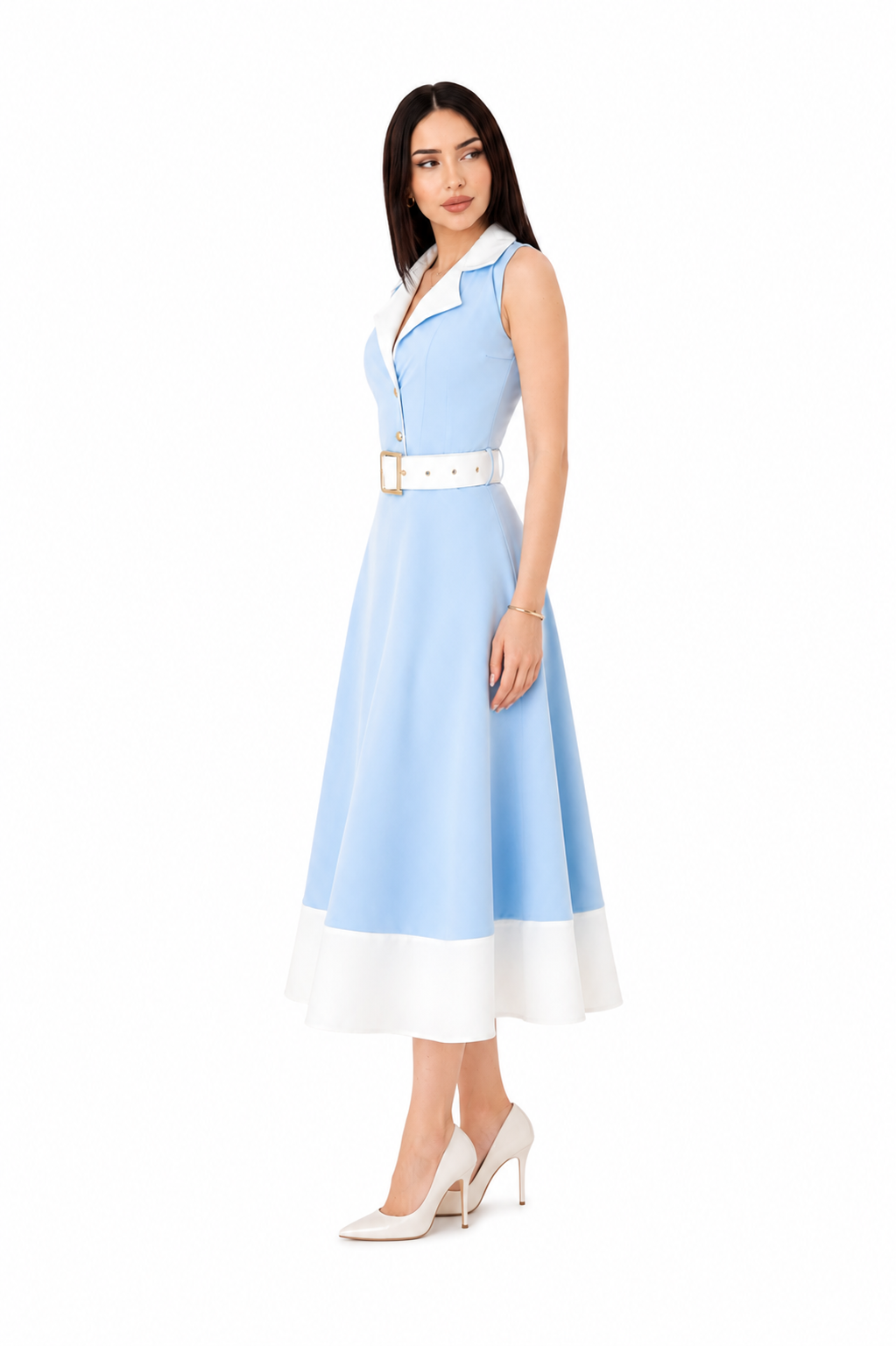 Rochie dama eleganta midi cu curea inclusa, fara maneci, croi clos, albastru deschis cu alb, office, casual, de ocazie