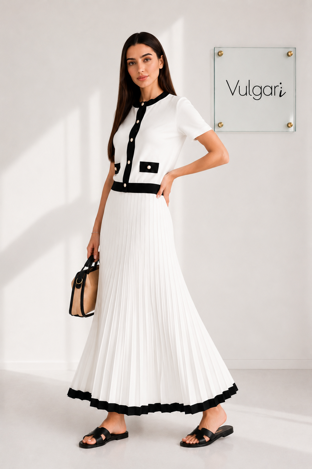 Compleu Damă Elegant Alb-Negru, Bluză cu Nasturi Perla și Fustă Maxi Plisată, Set 2 Piese