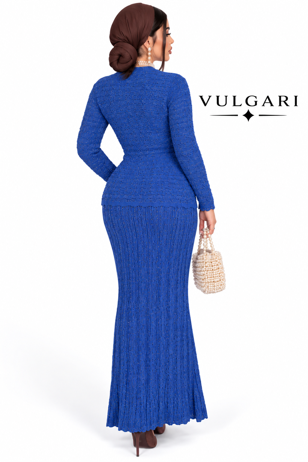 Rochie maxi bleumarin texturată cu nasturi perlați