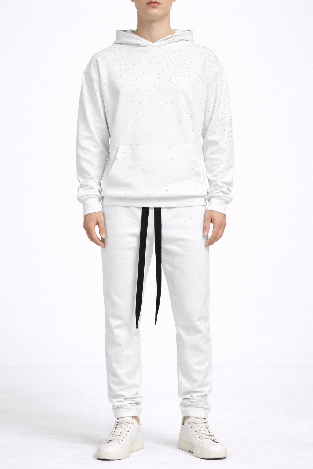 Trening Unisex Alb cu Pietre – Hanorac și Pantaloni Oversize Casual