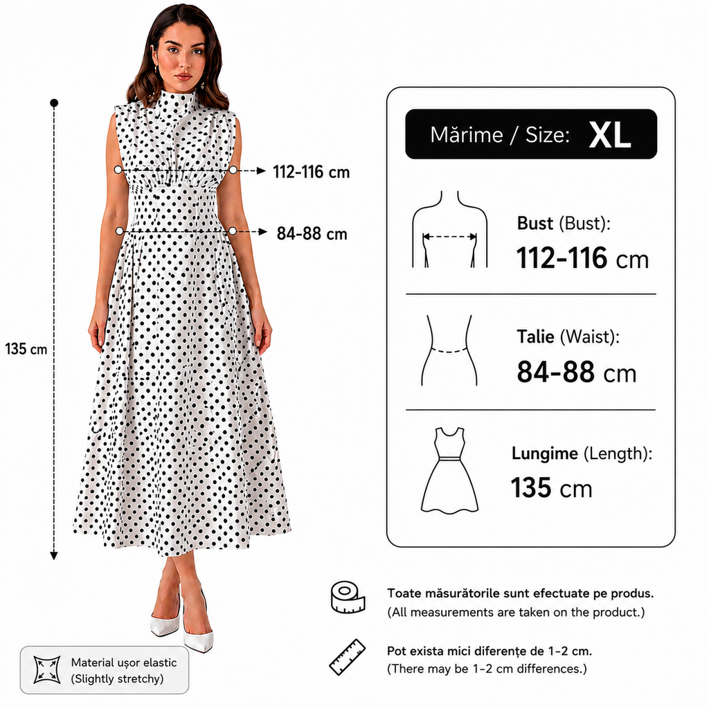 Rochie dama eleganta midi cu buline, fara maneci, croi clos, guler inalt, alba cu buline negre, casual, office, de ocazie