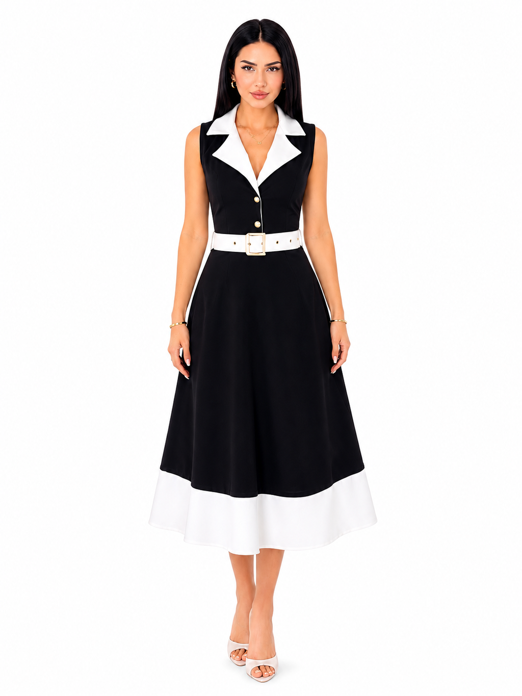 Rochie dama eleganta midi cu curea inclusa, fara maneci, croi clos, Negru cu alb, office, casual, de ocazie