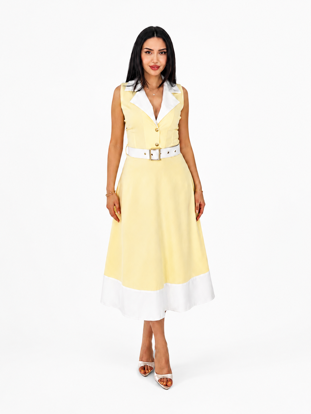 Rochie dama eleganta midi cu curea inclusa, fara maneci, croi clos,Galben cu alb, office, casual, de ocazie