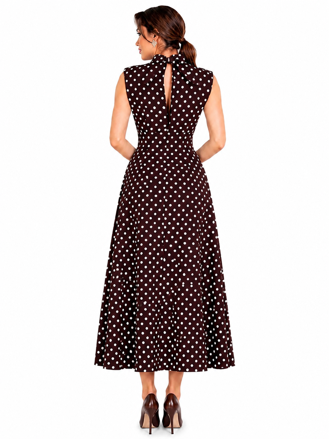 Rochie dama eleganta midi cu buline, fara maneci, croi clos, guler inalt, maro cu buline albe, casual, office, de ocazie