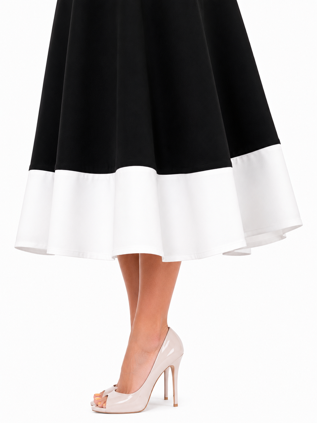 Rochie dama eleganta midi cu curea inclusa, fara maneci, croi clos, Negru cu alb, office, casual, de ocazie