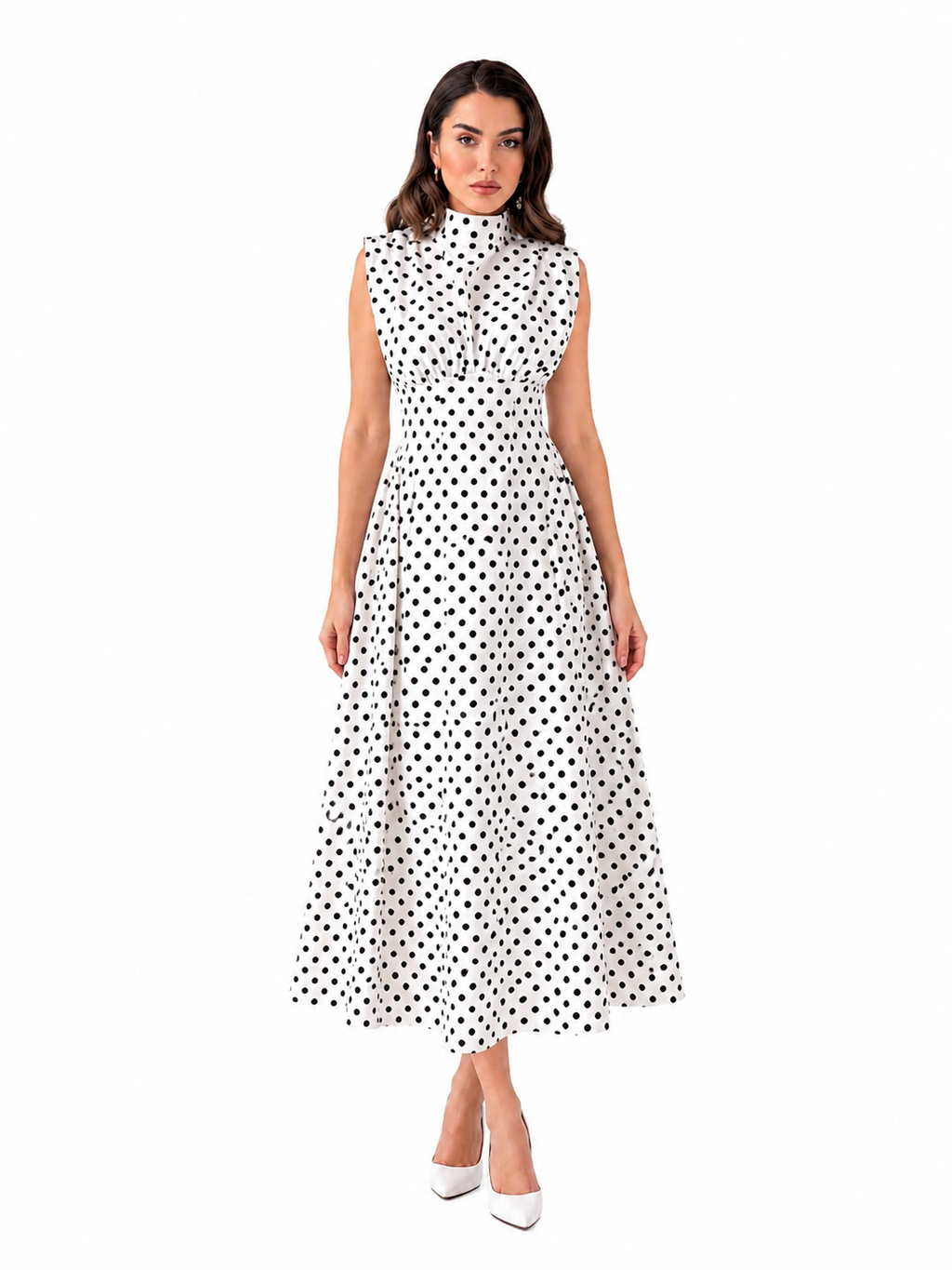 Rochie dama eleganta midi cu buline, fara maneci, croi clos, guler inalt, alba cu buline negre, casual, office, de ocazie