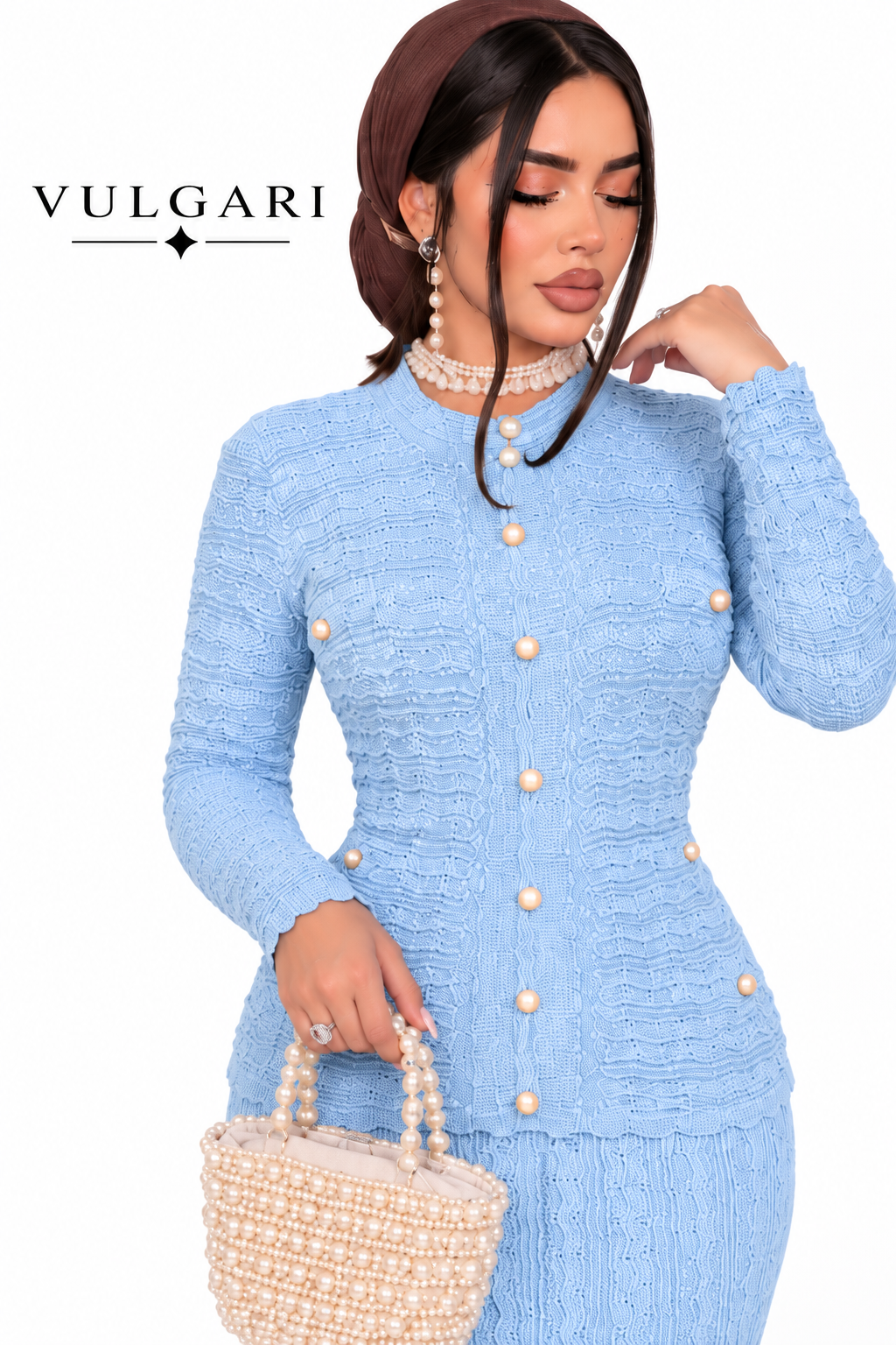 Rochie maxi bleu texturată cu nasturi perlați