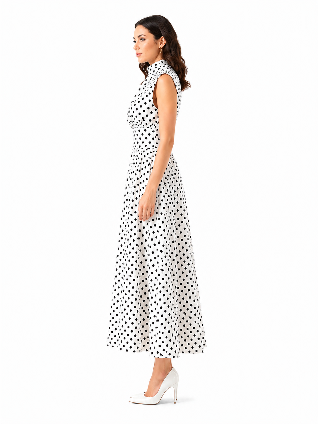 Rochie dama eleganta midi cu buline, fara maneci, croi clos, guler inalt, alba cu buline negre, casual, office, de ocazie