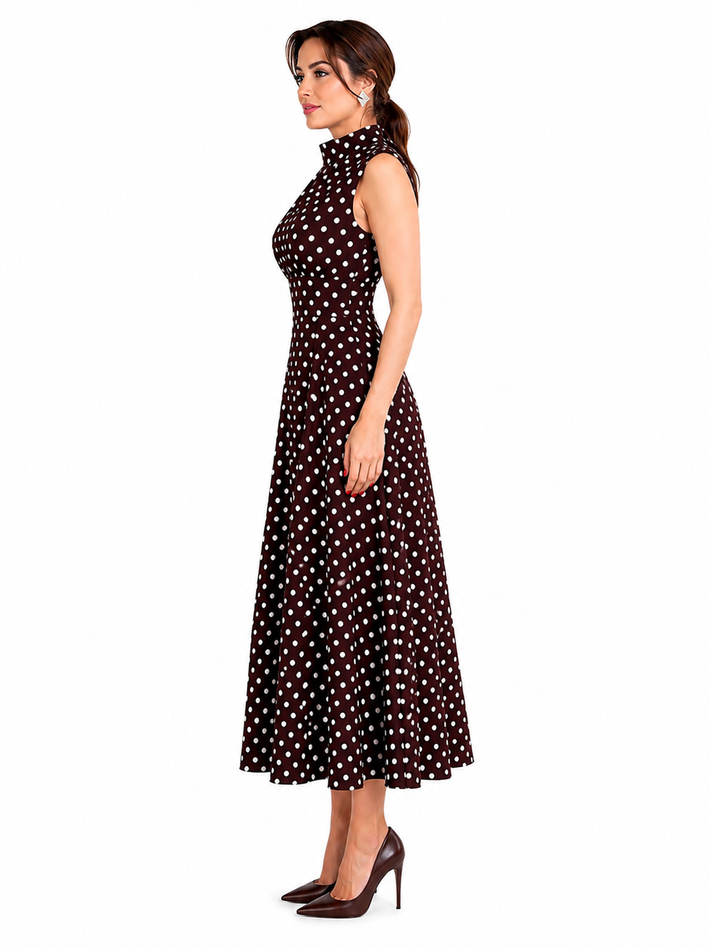 Rochie dama eleganta midi cu buline, fara maneci, croi clos, guler inalt, maro cu buline albe, casual, office, de ocazie
