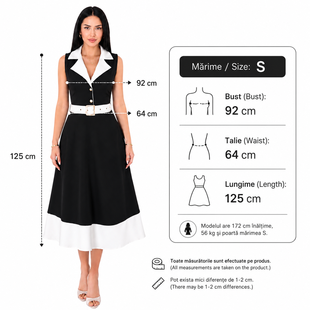 Rochie dama eleganta midi cu curea inclusa, fara maneci, croi clos, Negru cu alb, office, casual, de ocazie