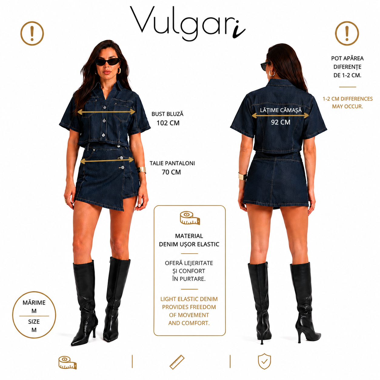 Compleu damă denim 2 piese, cămașă scurtă și fustă-pantalon asimetrică, albastru închis