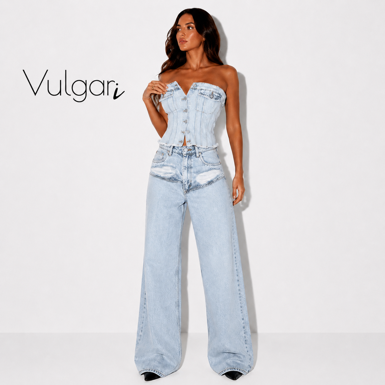 Set Damă Denim Vulgari, Top Corset din Blugi și Pantaloni Wide Leg, Talie Înaltă, Albastru Deschis