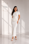 Compleu Damă Bleu Elegant, Bluză Peplum cu Nasturi Decorativi și Fustă Lungă