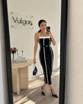 Rochie midi damă elegantă alb-negru cu curea în talie