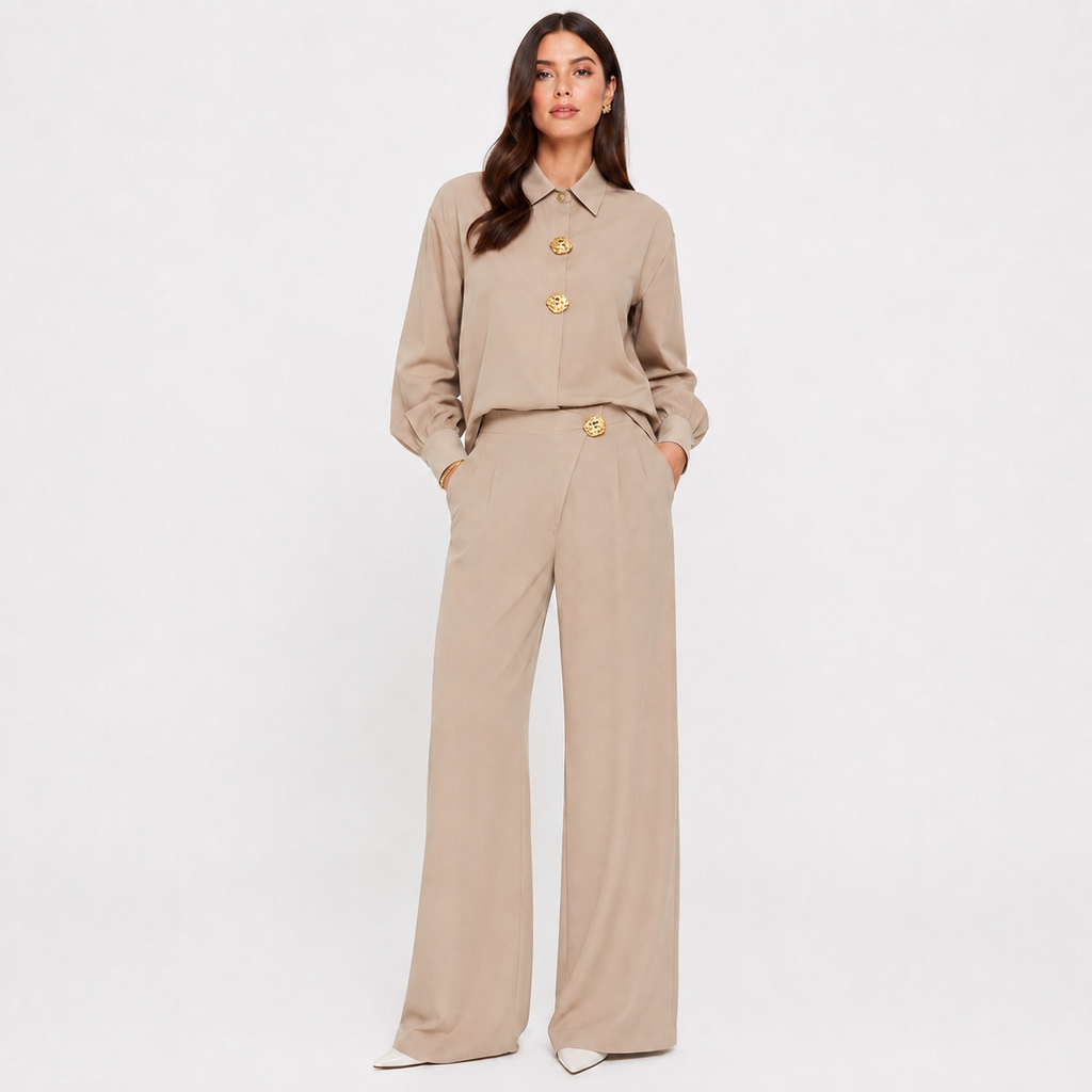 Set damă elegant cămașă și pantaloni palazzo, talie înaltă, croi larg, office, casual chic, premium