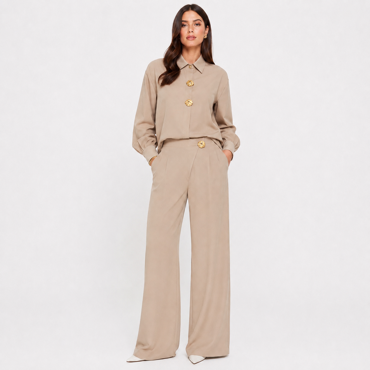 Set damă elegant cămașă și pantaloni palazzo, talie înaltă, croi larg, office, casual chic, premium