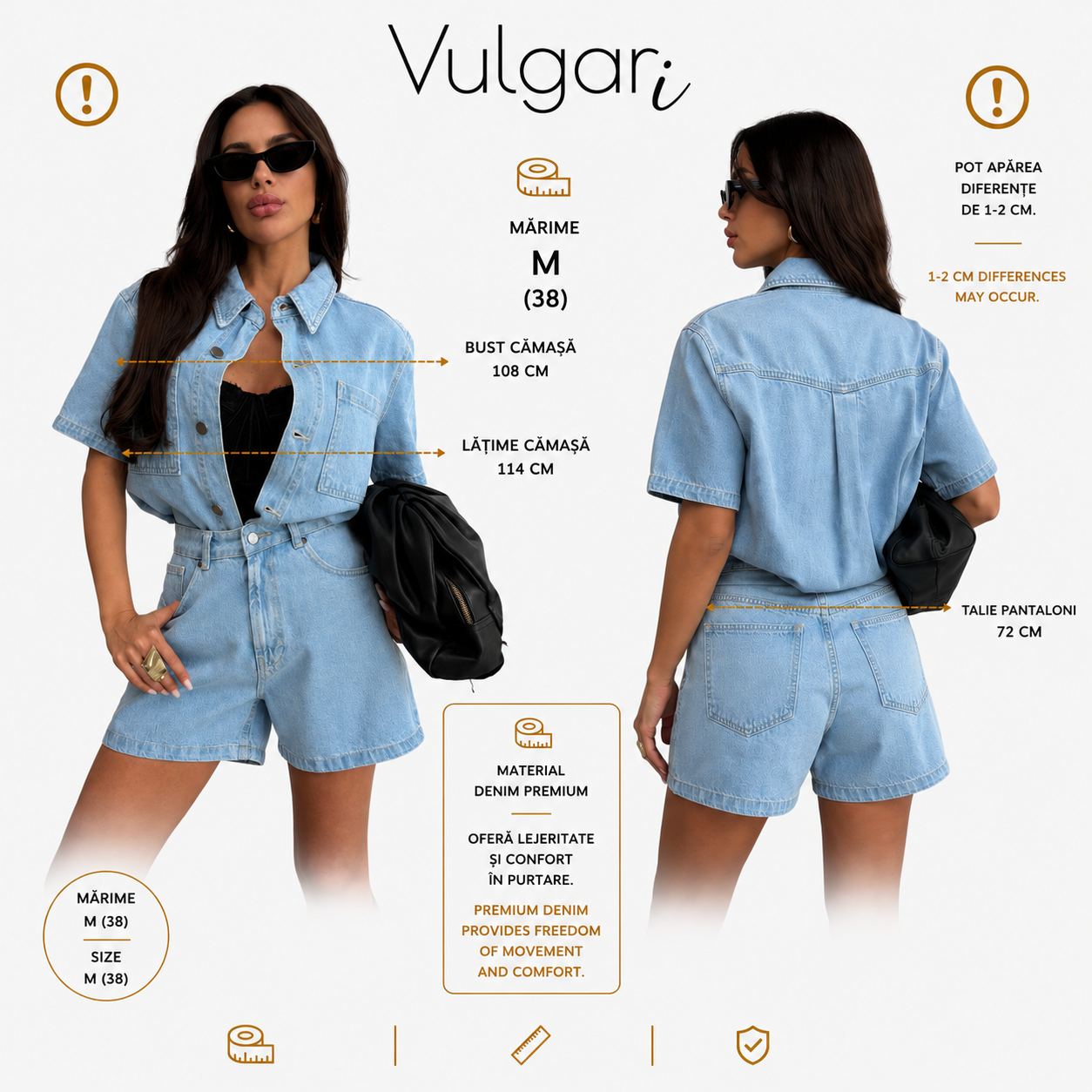 Compleu damă denim 2 piese, cămașă oversized și pantaloni scurți cu talie înaltă, albastru deschis