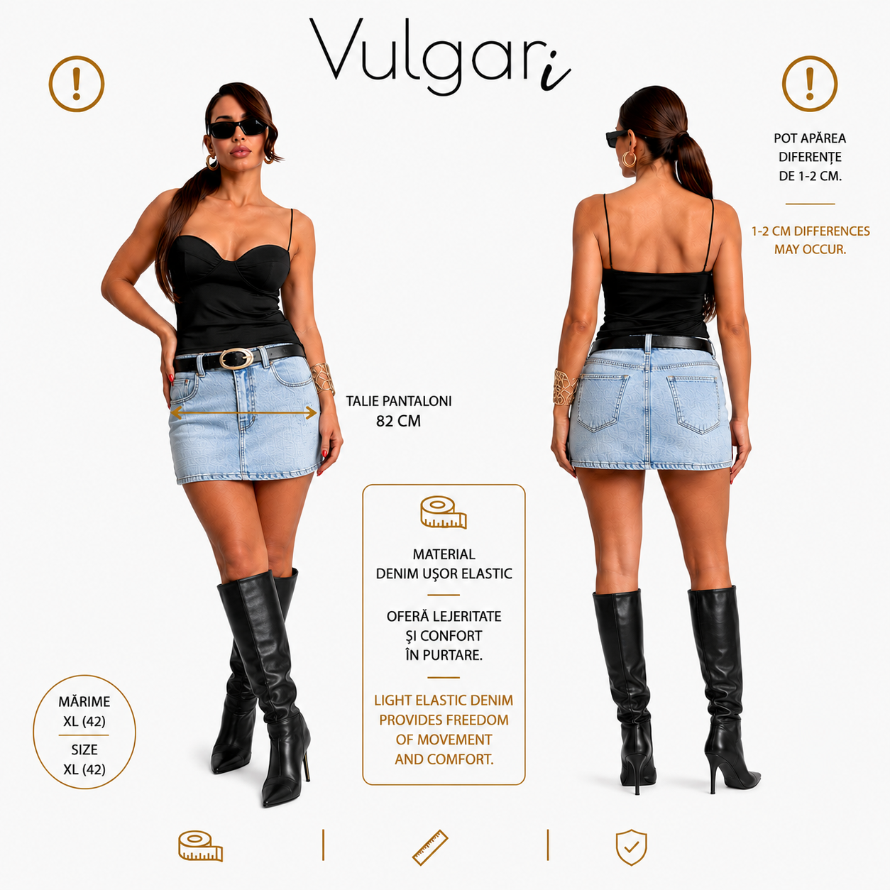 Fustă-pantalon damă denim (Skort), talie înaltă, albastru deschis, cu pantaloni scurți integrați