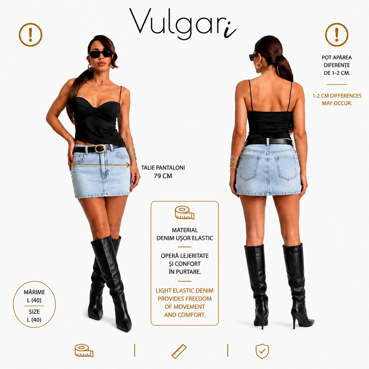 Fustă-pantalon damă denim (Skort), talie înaltă, albastru deschis, cu pantaloni scurți integrați
