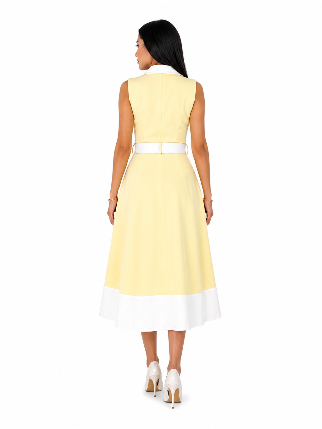 Rochie dama eleganta midi cu curea inclusa, fara maneci, croi clos,Galben cu alb, office, casual, de ocazie