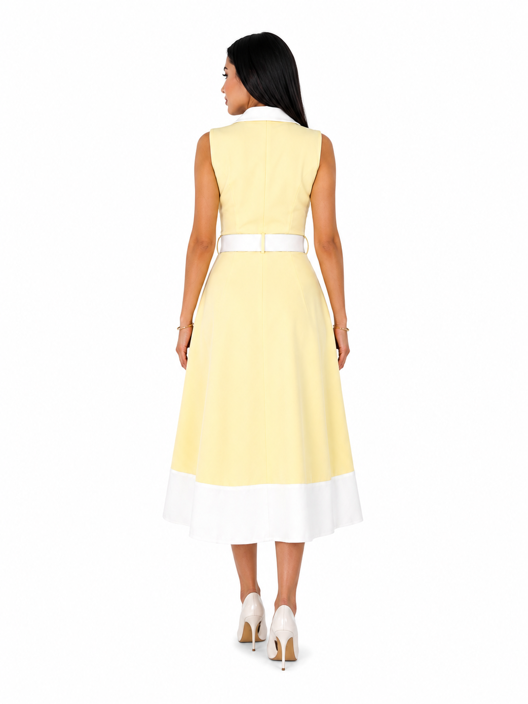 Rochie dama eleganta midi cu curea inclusa, fara maneci, croi clos,Galben cu alb, office, casual, de ocazie